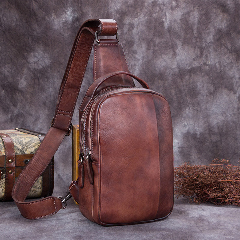 Vintage Leather Mens Sling Bag Crossbody Bag Chest Bag for men