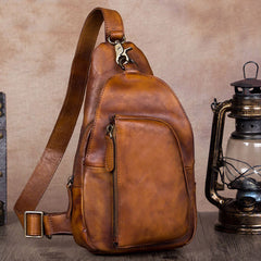Vintage Leather Mens Sling Bag Crossbody Bag Chest Bag for men