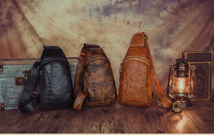 Vintage Leather Mens Sling Bag Crossbody Bag Chest Bag for men