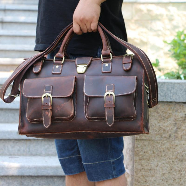 Vintage Leather Mens Handbag Weekender Bag Travel Bag Duffle Bag - iwalletsmen