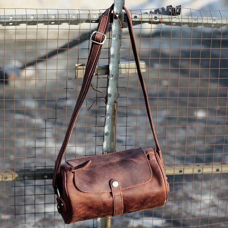 Vintage Leather Small Barrel Messenger Bag Shoulder Bag For Men