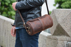 Vintage Leather Small Barrel Messenger Bag Shoulder Bag For Men - iwalletsmen
