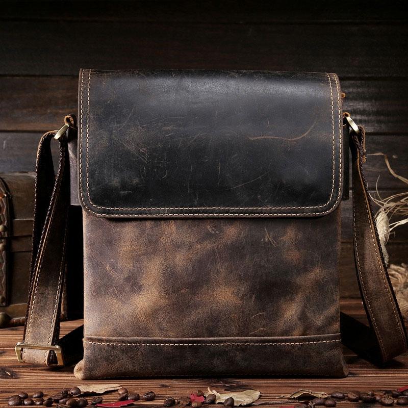 Cool Leather Small Messenger Bag Vintage Small Shoulder Bag Crossbody Bag  For Men