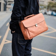 Vintage Light Brown Mens Leather Briefcase Work Handbags Brown 14'' Computer Briefcase For Men - iwalletsmen