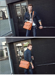 Vintage Light Brown Mens Leather Briefcase Work Handbags Brown 14'' Computer Briefcase For Men - iwalletsmen