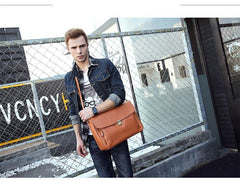 Vintage Light Brown Mens Leather Briefcase Work Handbags Brown 14'' Computer Briefcase For Men - iwalletsmen