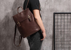 Vintage Mens Coffee Leather Backpack Travel Backpack Leather Hiking Backpack for Men - iwalletsmen