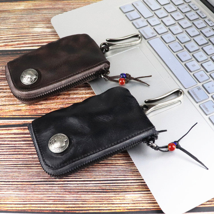 Vintage Mens Leather Key Wallet Zipper Key Holder Coin Wallet Change Pouch for Men Black