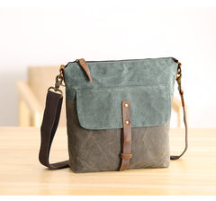 Wax Canvas Leather Mens Small Waterproof Vertical Green Side Bag Courier Bag Messenger Bag for Men - iwalletsmen