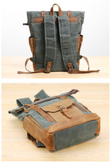 Waxed Canvas Leather Mens 17‘’ Lake Green Backpack Khaki Travel Backpack Dark Gray Hiking Backpack for Men - iwalletsmen