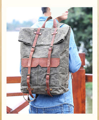 Waxed Canvas Leather Mens 15‘’ Green Waterproof Backpack Khaki Travel Backpack Hiking Backpack for Men - iwalletsmen