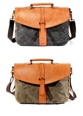 Waxed Canvas Leather Mens Casual 14'' Messenger Bag Side Bag Computer Bag For Men - iwalletsmen