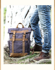 Waxed Canvas Leather Mens 15‘’ Gray College Backpack Travel Backpack Hiking Backpack for Men - iwalletsmen