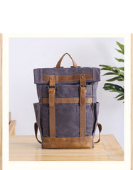 Waxed Canvas Leather Mens 15‘’ Gray College Backpack Travel Backpack Hiking Backpack for Men - iwalletsmen