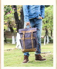 Waxed Canvas Leather Mens 15‘’ Gray College Backpack Travel Backpack Hiking Backpack for Men - iwalletsmen