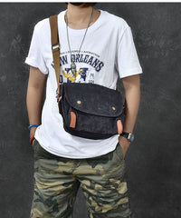 Waxed Canvas Leather Mens Gray Side Bag Khaki Messenger Bag Small Courier Bag For Men - iwalletsmen