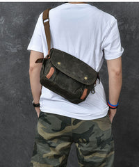 Waxed Canvas Leather Mens Gray Side Bag Khaki Messenger Bag Small Courier Bag For Men - iwalletsmen