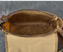 Waxed Canvas Leather Mens Gray Side Bag Khaki Messenger Bag Small Courier Bag For Men - iwalletsmen
