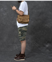 Waxed Canvas Leather Mens Gray Side Bag Khaki Messenger Bag Small Courier Bag For Men - iwalletsmen