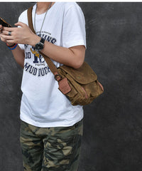 Waxed Canvas Leather Mens Gray Side Bag Khaki Messenger Bag Small Courier Bag For Men - iwalletsmen