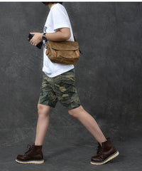 Waxed Canvas Leather Mens Gray Side Bag Khaki Messenger Bag Small Courier Bag For Men - iwalletsmen