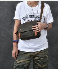 Waxed Canvas Leather Mens Gray Side Bag Khaki Messenger Bag Small Courier Bag For Men - iwalletsmen