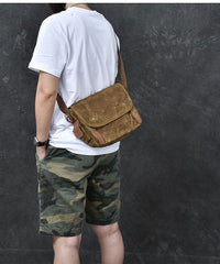 Waxed Canvas Leather Mens Gray Side Bag Khaki Messenger Bag Small Courier Bag For Men - iwalletsmen