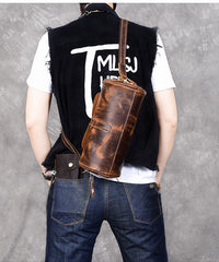Leather Mens Vintage Brown Side Bag Barrel Messenger Bag Small Bucket Bag For Men - iwalletsmen
