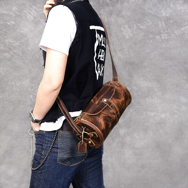 Leather Mens Vintage Brown Side Bag Barrel Messenger Bag Small Bucket Bag For Men - iwalletsmen