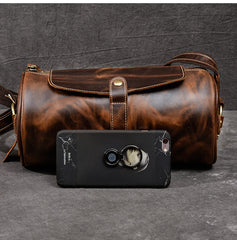 Leather Mens Vintage Brown Side Bag Barrel Messenger Bag Small Bucket Bag For Men - iwalletsmen