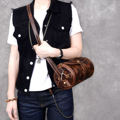 Leather Mens Vintage Brown Side Bag Barrel Messenger Bag Small Bucket Bag For Men - iwalletsmen