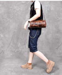 Leather Mens Vintage Brown Side Bag Barrel Messenger Bag Small Bucket Bag For Men - iwalletsmen