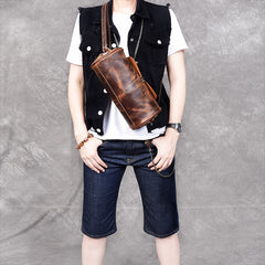 Leather Mens Vintage Brown Side Bag Barrel Messenger Bag Small Bucket Bag For Men - iwalletsmen