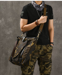 Waxed Canvas Leather Mens Womens 14'' Camouflage Tote Bag Handbag Tote Bag Shoulder Bag Tote Purse For Men - iwalletsmen