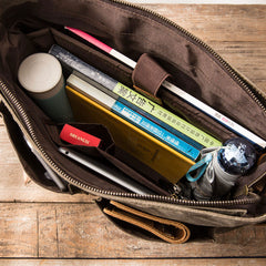 Inside of waxed cotton messenger bag for laptop