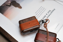 Coffee Wood Leather AirPods Pro Case with Clip Strap Brown Leather Pro AirPods Case Airpod Case Cover