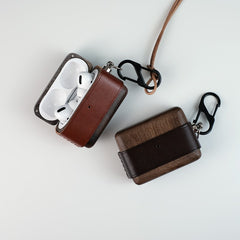 Coffee Wood Leather AirPods Pro Case with Clip Strap Leather Pro AirPods Case Airpod Case Cover