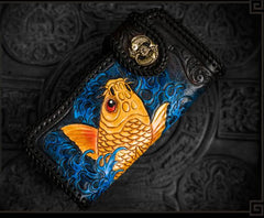 Handmade Leather Tooled Carp Mens Chain Biker Wallet Cool Leather Wallet Long Phone Wallets for Men