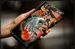 Handmade Leather Tooled Carp Mens Chain Biker Wallet Cool Leather Wallet Long Phone Wallets for Men