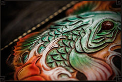 Handmade Leather Tooled Carp Mens Chain Biker Wallet Cool Leather Wallet Long Phone Wallets for Men