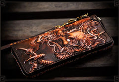 Handmade Leather Tooled Chinese Dragon Mens Chain Biker Wallet Cool Leather Wallet Long Phone Wallets for Men