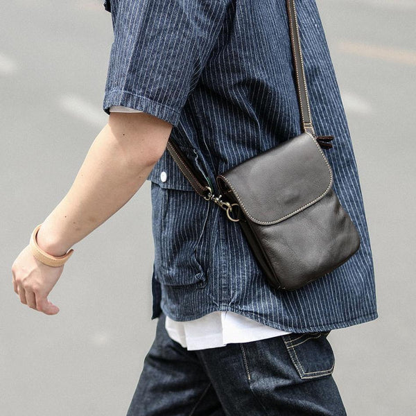 Cool Black Leather Mens Small Vertical Courier Bag Brown Messenger Bags Blue Postman Bag For Men - iwalletsmen