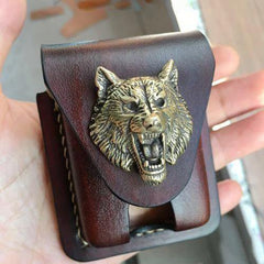 Handmade Coffee Wolf Leather Mens Armor Zippo Lighter Case Zippo Lighter Holder with Belt Loop for Men - iwalletsmen