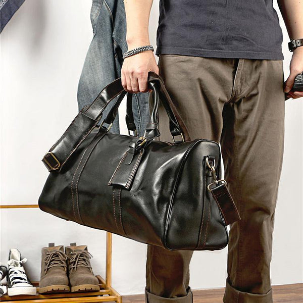 Black Leather Mens Casual Large Travel Bags Shoulder Weekender Bags Brown Duffle Bag For Men - iwalletsmen