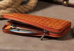 Cool Braided Leather Mens Clutch Brown Vintage Zipper Wallet for Men
