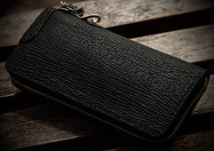 Handmade Leather Black Sharkskin Chain Wallet Mens Biker Wallet Cool Leather Wallet Long Phone Wallets for Men